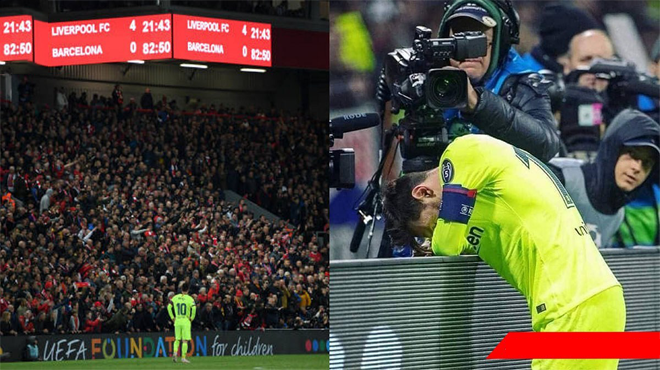 Chùm ảnh: Nhói lòng khoảnh khắc Messi gục mặt khóc thảm thương trong niềm vui sướng của hàng vạn fan Liverpool