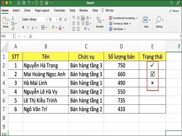 Cách đánh dấu tích trong Excel 2010 bằng phím tắt