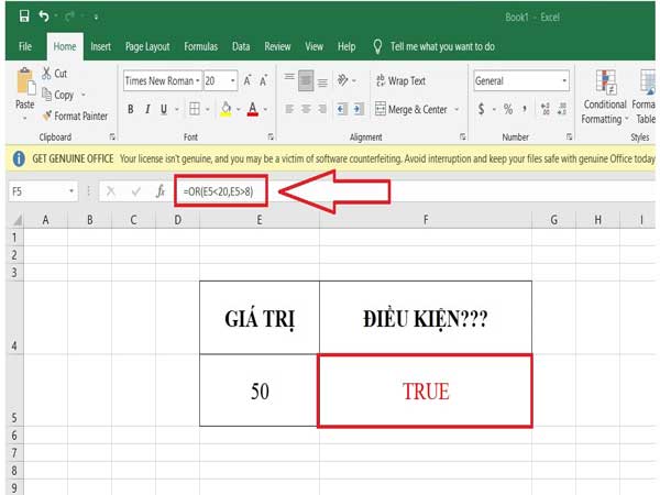 Sử dụng hàm OR trong Excel để kiểm tra hai điều kiện
