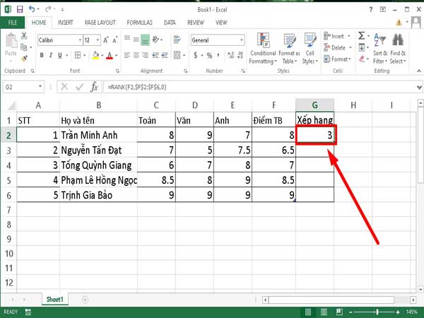 cách sử dụng hàm Rank trong Excel tính toán kết quả